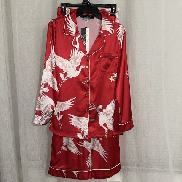 DALIA MACPHEE M & L Red White Satin Ibis Bird Print Long Sleeve Long Pant PJ Set - Picture 7 of 16
